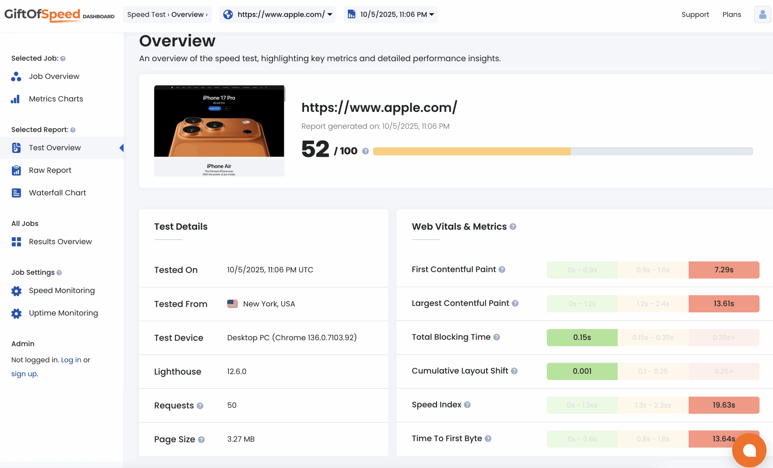 screenshot of gift of speed dashboard using apple.com as an example