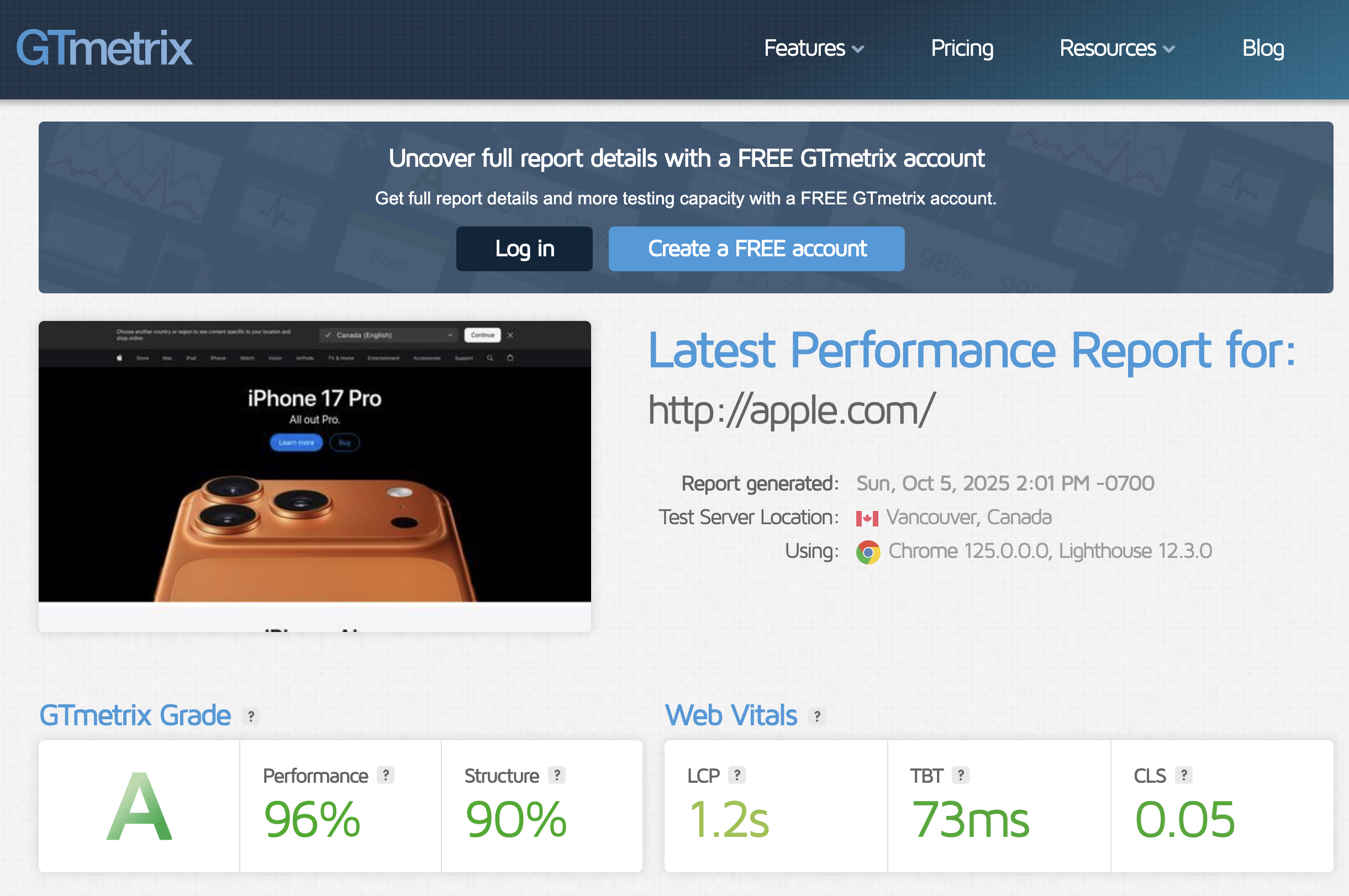 gtmetrix screenshot of apple.com results