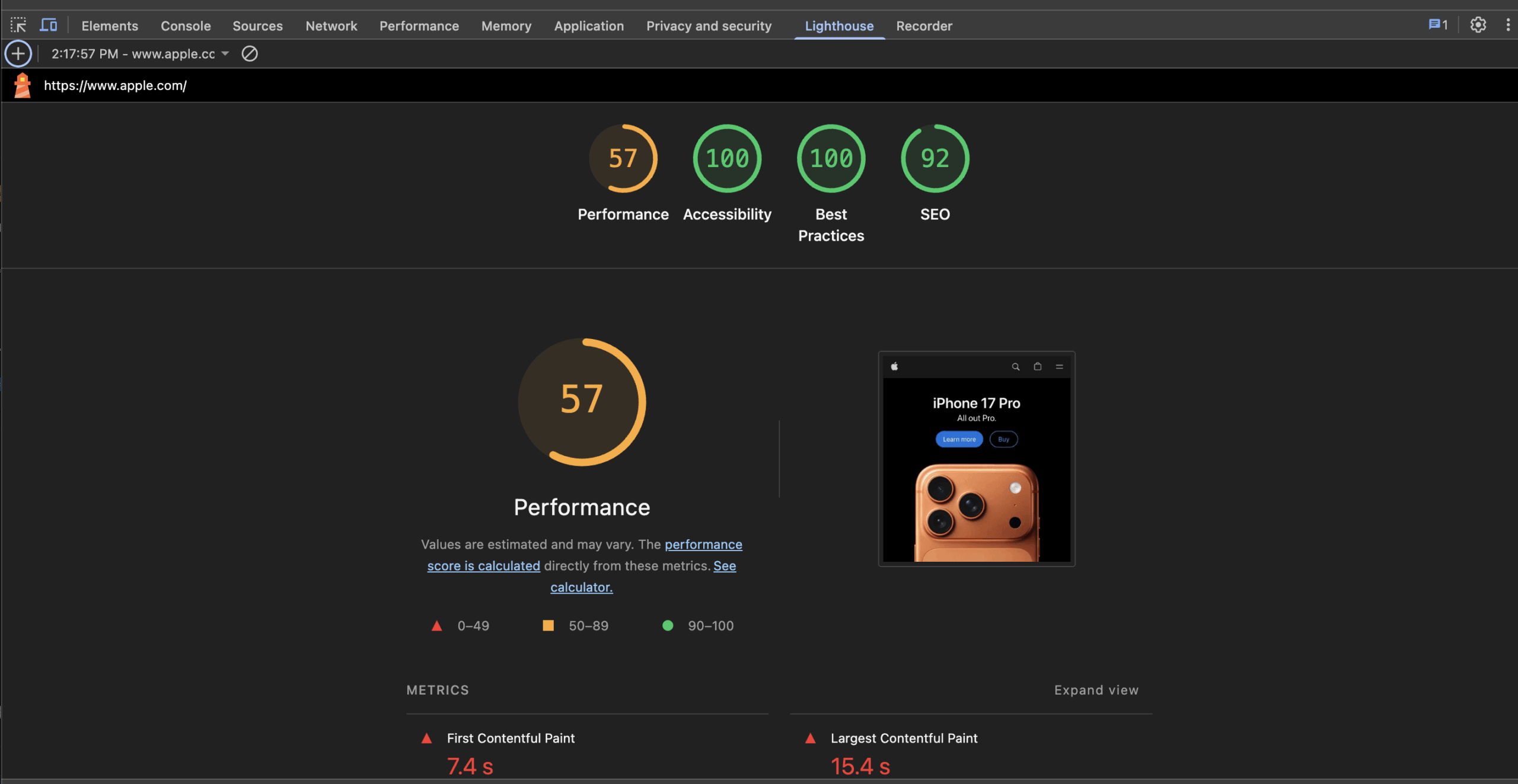 lighthouse test using apple.com as an example 