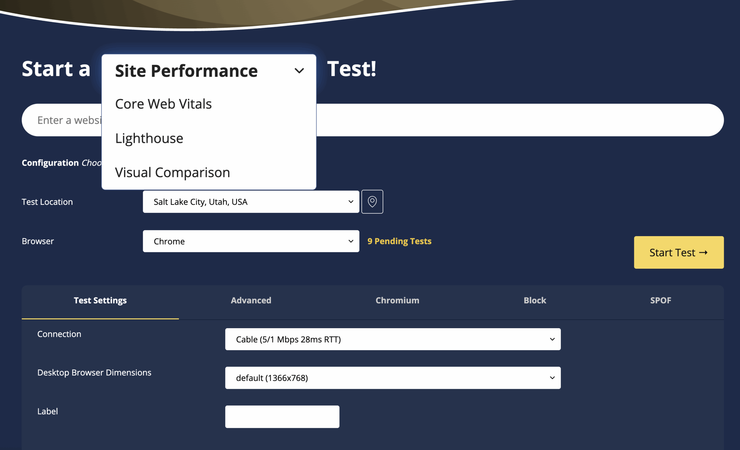 webpagetest settings available for tests 