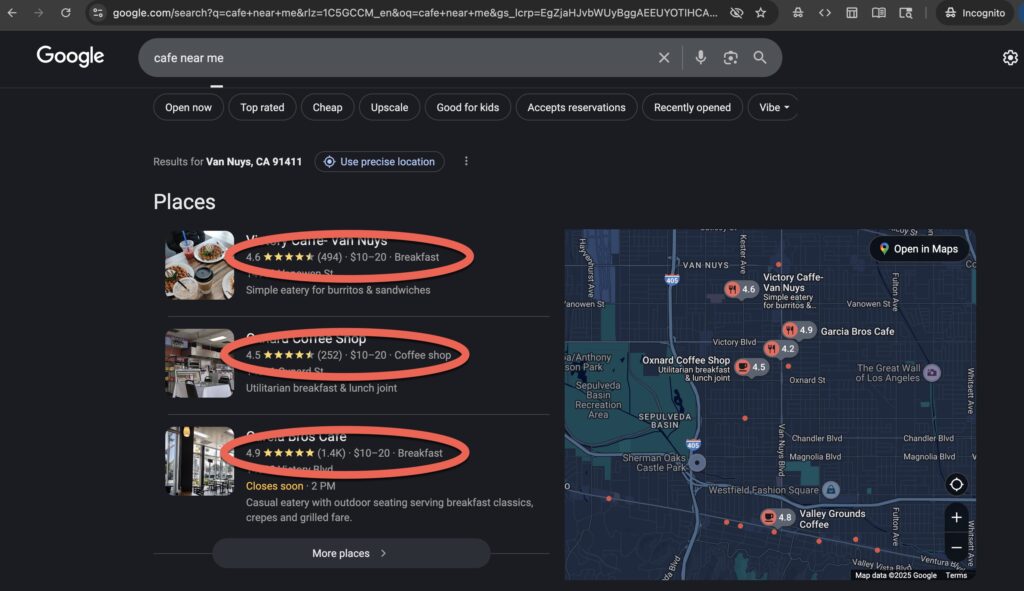 A screenshot of a Google search for "cafe near me" with the star reviews and other rich snippet information circled in red